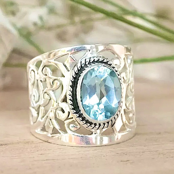Sterling Silver Blue Topaz Ring Wedding Engagement Ring Wide Band Hallow Out - Picture 3 of 5
